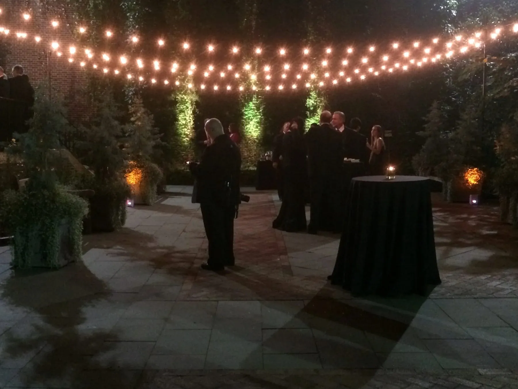 Guests at an evening outdoor reception under canopies of warm bistro string lights.